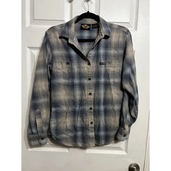 Harley Davidson Womens M Flannel Plaid Cotton Long Sleeve Button Down Shirt - Picture 2 of 12